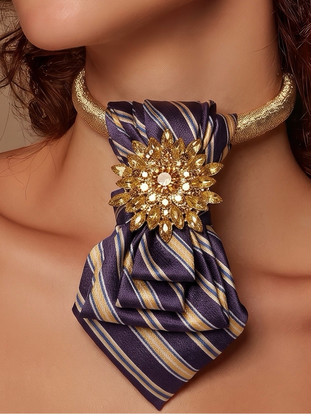 CHIC CHICK UPCYCLE | Gold and Plum Striped Statement Tie Necklace Floral Brooch